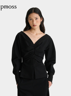 【deepmoss】2025秋冬新款女士设计感时尚雾黑色V领收腰褶涧上衣