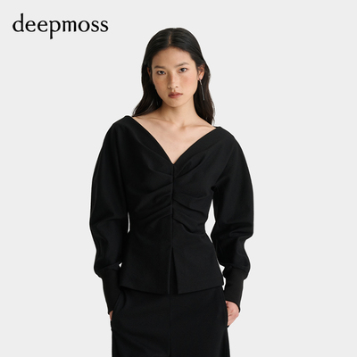 【deepmoss】2025秋冬女士设计感时尚雾黑色V领收腰褶涧上衣