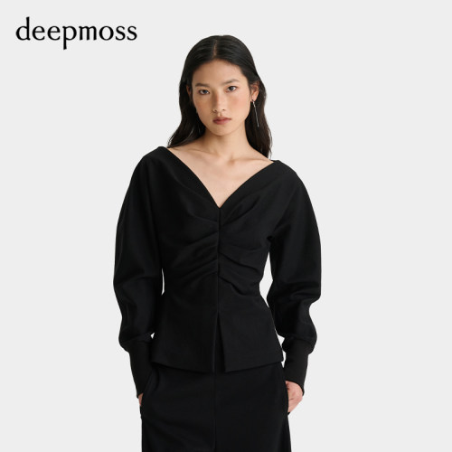 【deepmoss】女士设计感时尚雾黑色V领收腰褶涧上衣