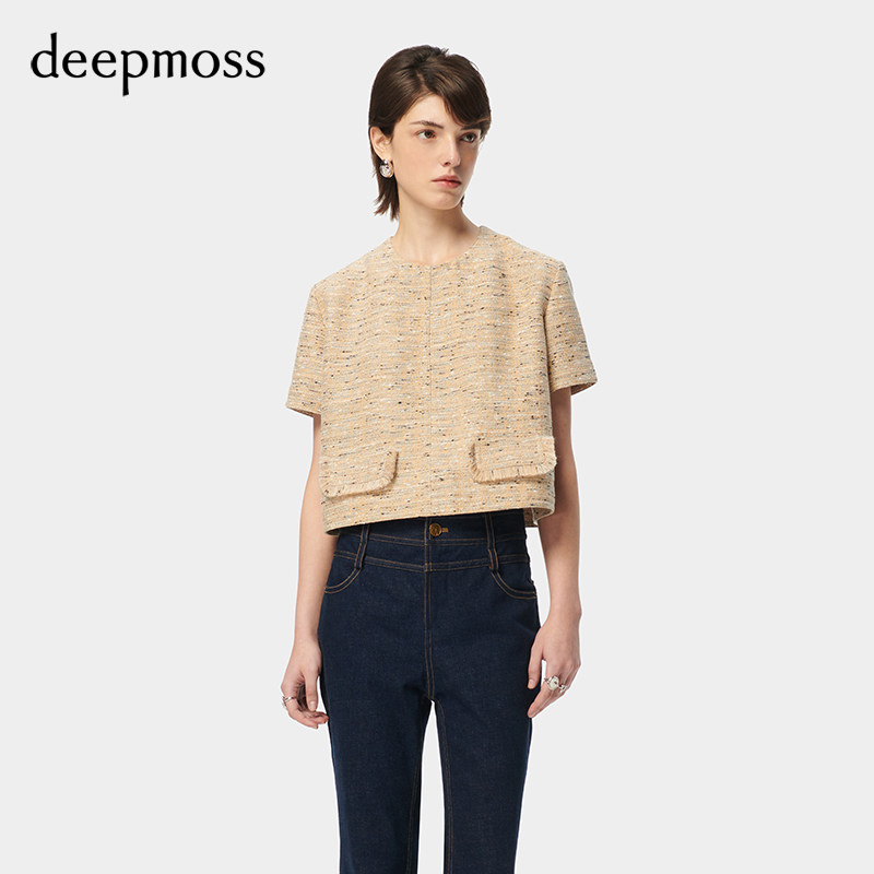 【deepmoss】潮流复古优雅女装时尚砂石花纱小香风贴袋短袖上衣,女装/女士精品,短外套,淘宝优惠券,粉丝福利购,淘宝优惠卷