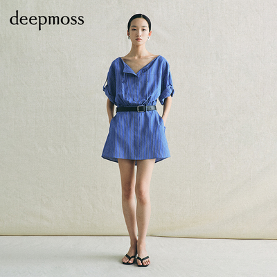 deepmoss海蓝条纹翻袖连衣裙