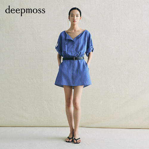 deepmoss海蓝条纹翻袖连衣裙