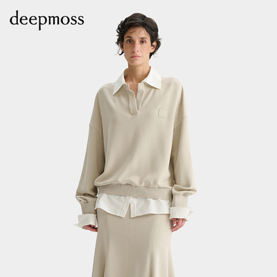 【deepmoss】2025新款淡人女装时尚休闲气质拼接衬衫翻领卫衣