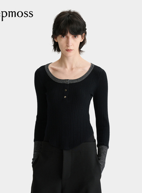 【deepmoss】2025秋冬新款女士设计感时尚黑银闪葱拼接羊毛打底衫