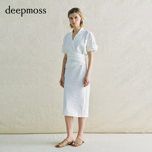 deepmoss麻质交叠连衣裙
