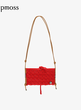 【deepmoss】气质复古潮流红色金属贝壳信封式系带针织女挎包