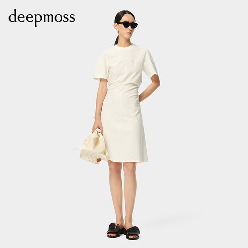 deepmossT字分割褶裥收腰连衣裙