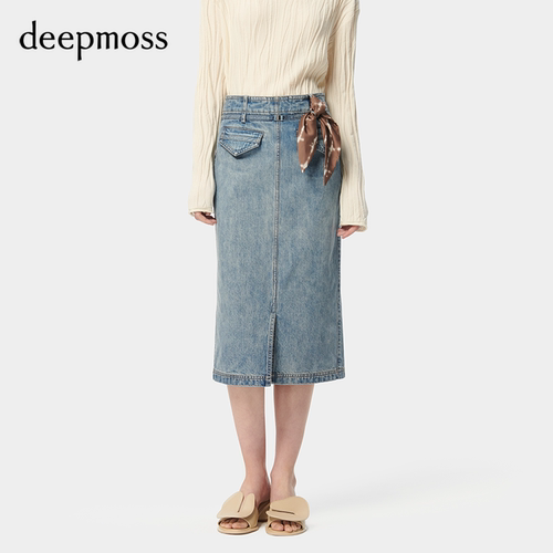 deepmoss装饰贴条牛仔中长半裙