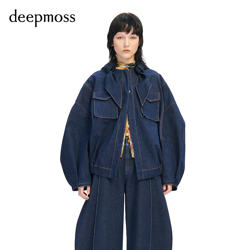 【deepmoss】女装时尚复古潮流宽松花结灯笼袖牛仔短外套上衣