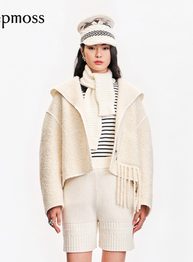 【deepmoss】冬季洋气休闲气质时尚毛呢流苏通勤翻领连帽外套女士