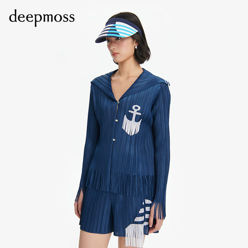 deepmoss水手领压褶流苏外套
