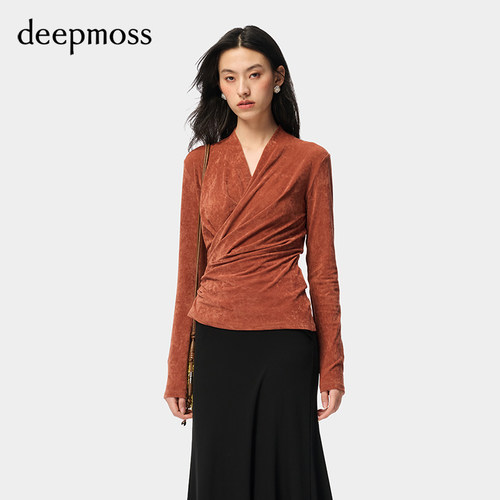 deepmoss叠襟扭褶收腰上衣衬衫