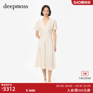 复古潮流优雅棉感水泽褶涧收腰连衣裙A字裙 气质女装 deepmoss