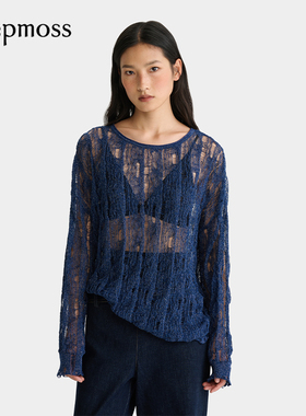 【deepmoss】2025秋冬新款女士闪葱镂空针织长袖不规则扭花上衣