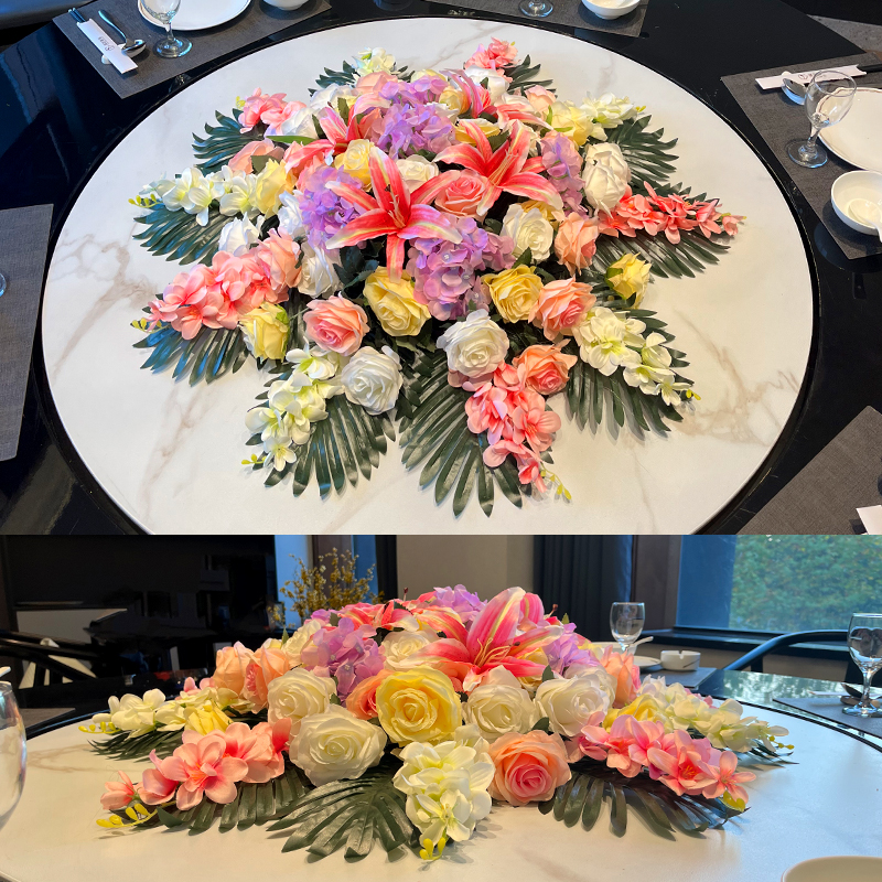 酒店大圆桌装饰花摆件花艺玫瑰