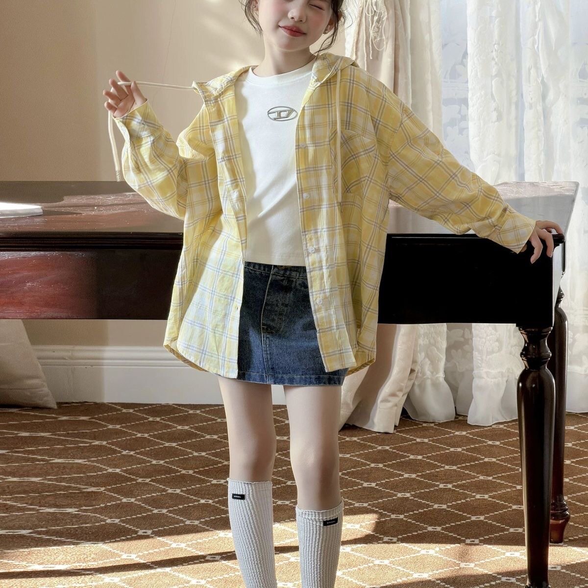 女童纯棉衬衫2026新款儿童洋气格子衬衣中大童春秋款长袖上衣外套