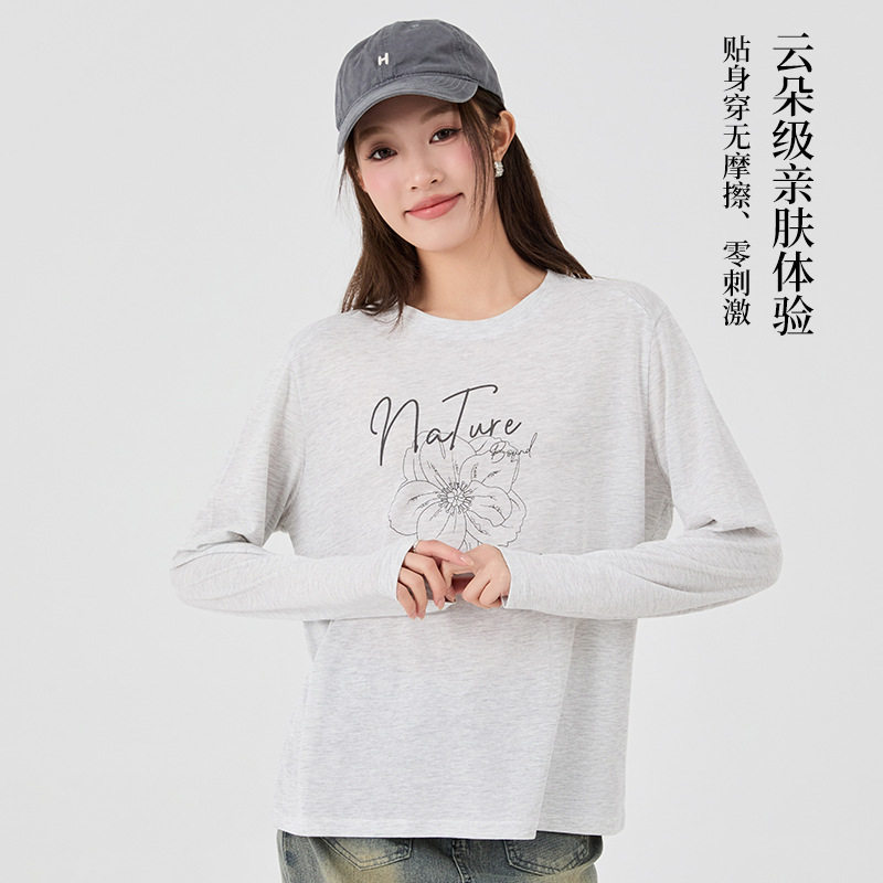 薄款印花正肩雪花棉白色t恤女春春夏新款宽松长袖防晒罩衫上衣女