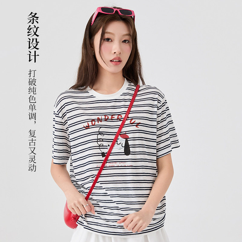 印花天丝条纹短袖T恤女夏季新款可爱小狗圆领正肩宽松薄款上衣女