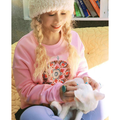 裂帛原创设计宽松圆领套头复古刺绣上衣小个子加绒卫衣冬51AN0041