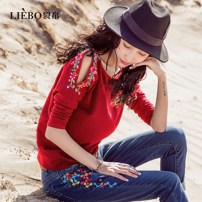 裂帛复古民族风刺绣长袖T恤