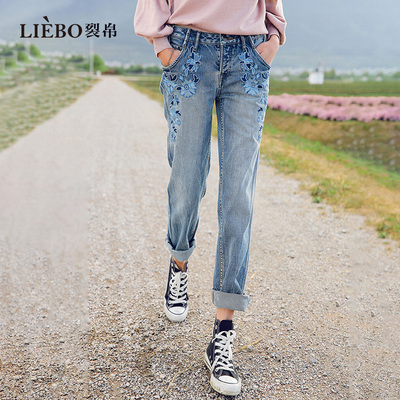 裂帛2025新款牛仔裤时尚修身牛仔蓝民族风刺绣窄版直筒裤51EO0446