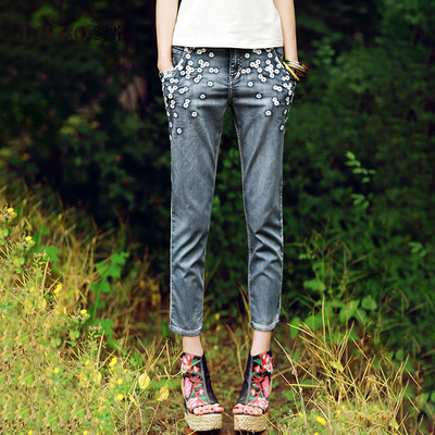 裂帛复古刺绣牛仔九分烟管裤
