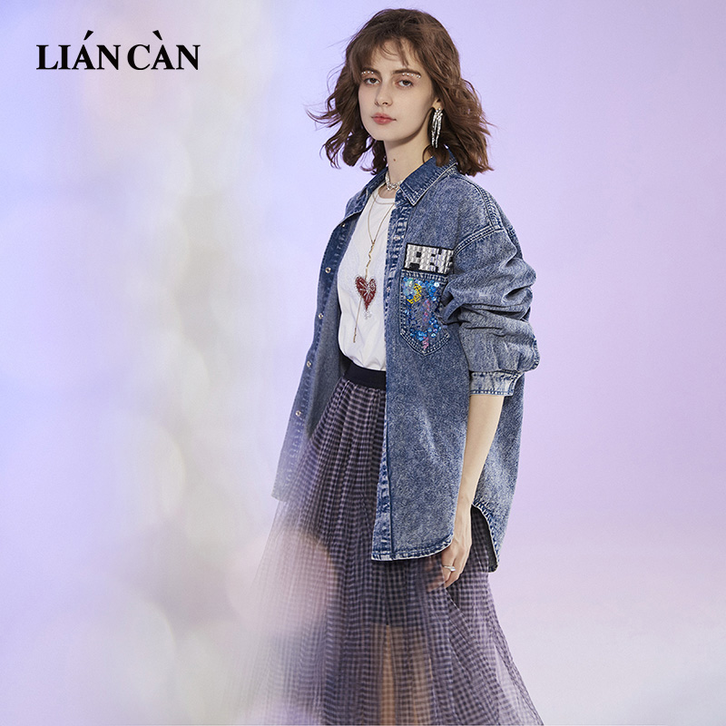 【莲灿】专柜同款直播年百搭牛仔刺绣牛仔长袖衬衫女71AW318003