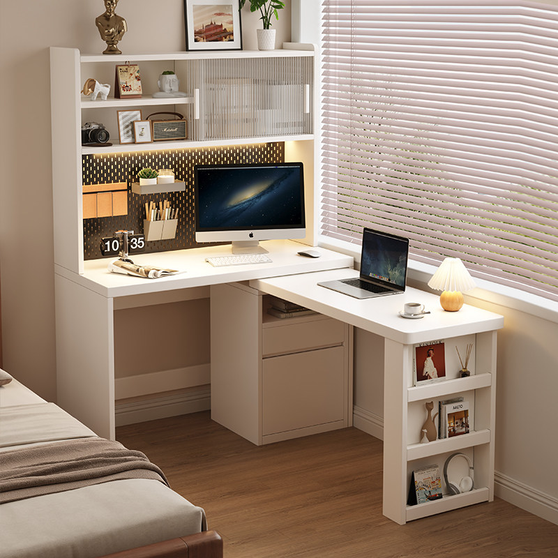实木转角书桌书架一体靠墙旋转电脑桌家用小户型可定制办公学习桌