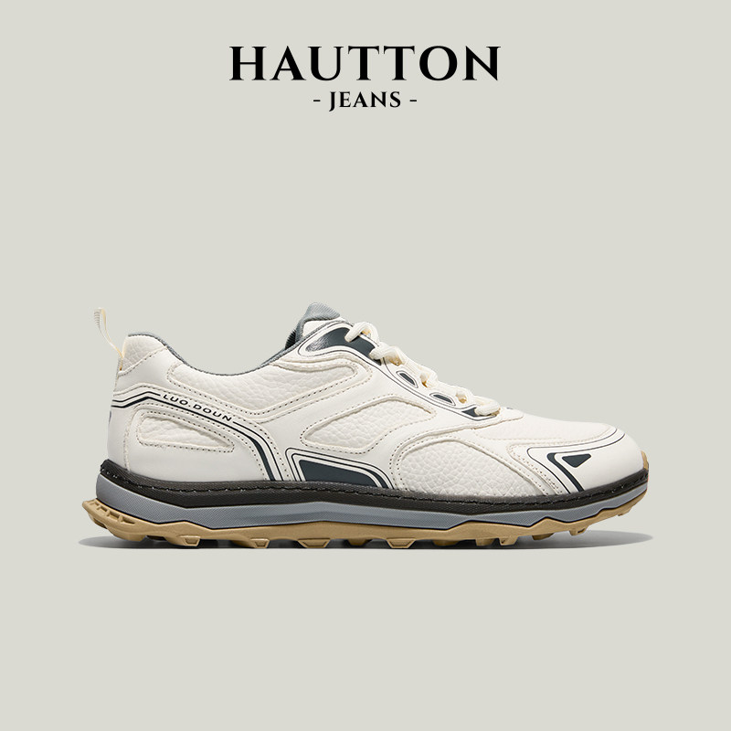 HauttonJeans真皮宽楦运动鞋男2026秋季新款百搭休闲男鞋薄底板鞋