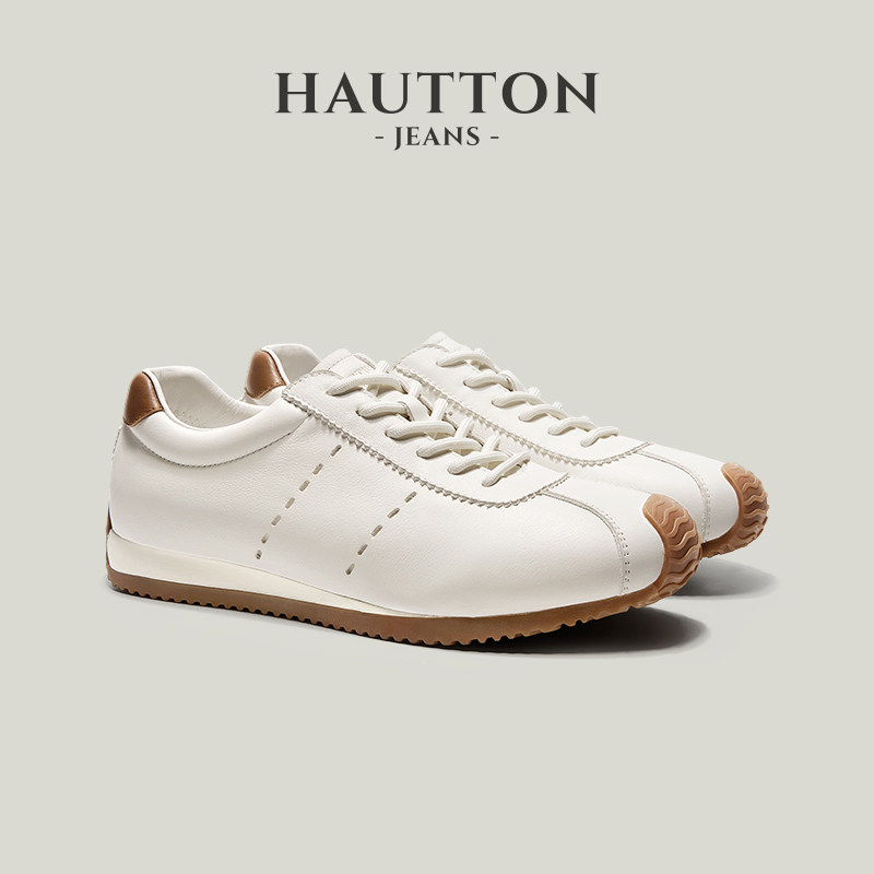 HauttonJeans真皮德训鞋男款2026新款运动鞋白色阿甘鞋透气小白鞋