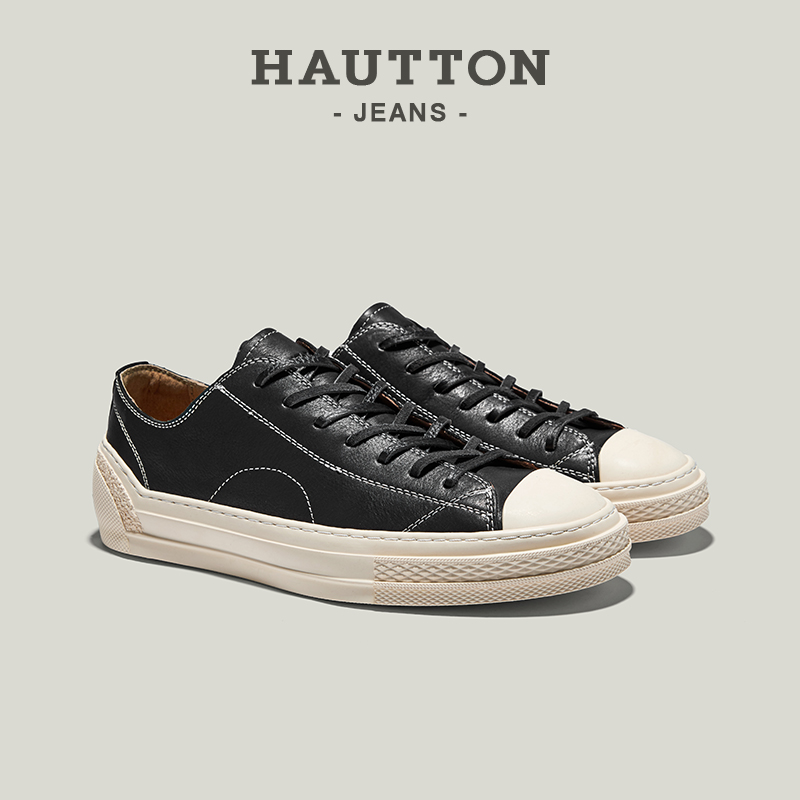 HauttonJeans板鞋男黑色休闲皮鞋