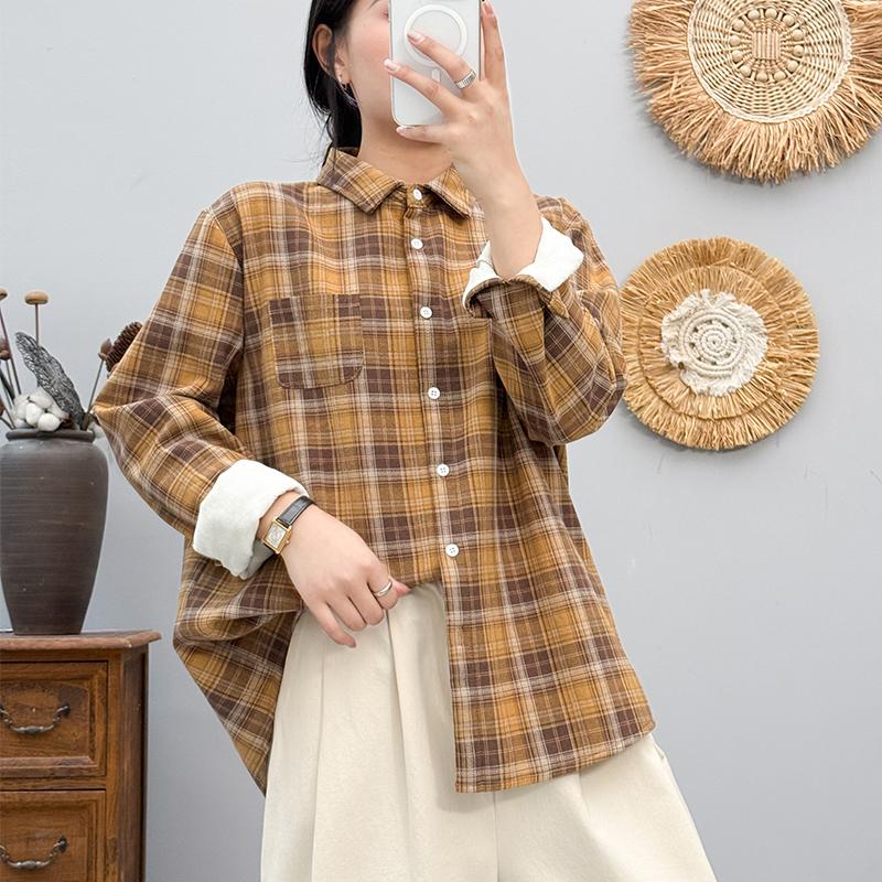 纯棉加绒加厚格子衬衫女