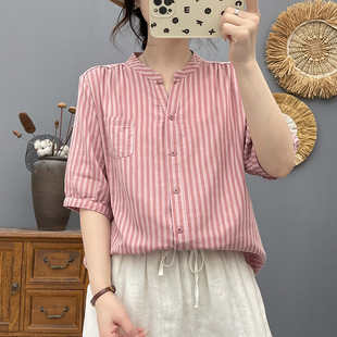 色织双层棉纱V领短袖衬衫女夏新款宽松百搭纯棉条纹衬衣休闲上衣