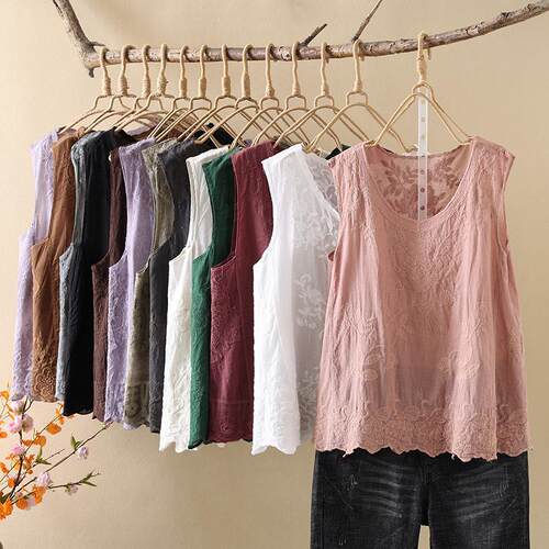 刺绣文艺范套头吊带背心女