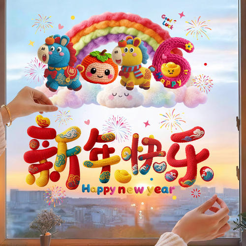 5D针织风马年新年窗贴静电贴