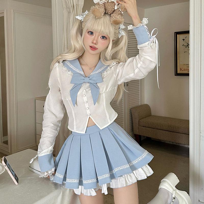 【全套领100元券】御茶家少女航线 蓝色学院风奶甜水手服jk制服裙