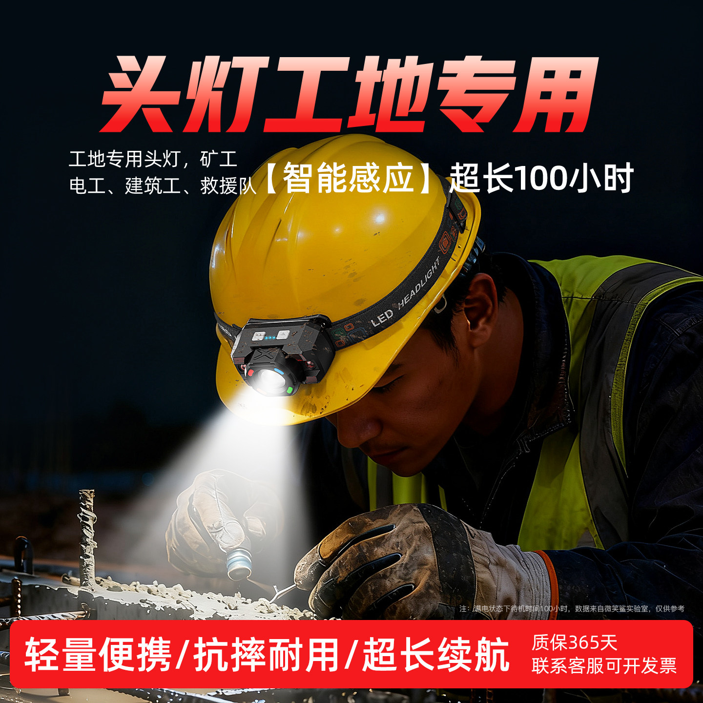 安全帽头灯工地专用头戴式强光充电感应超长续航户外耐用工作泛光