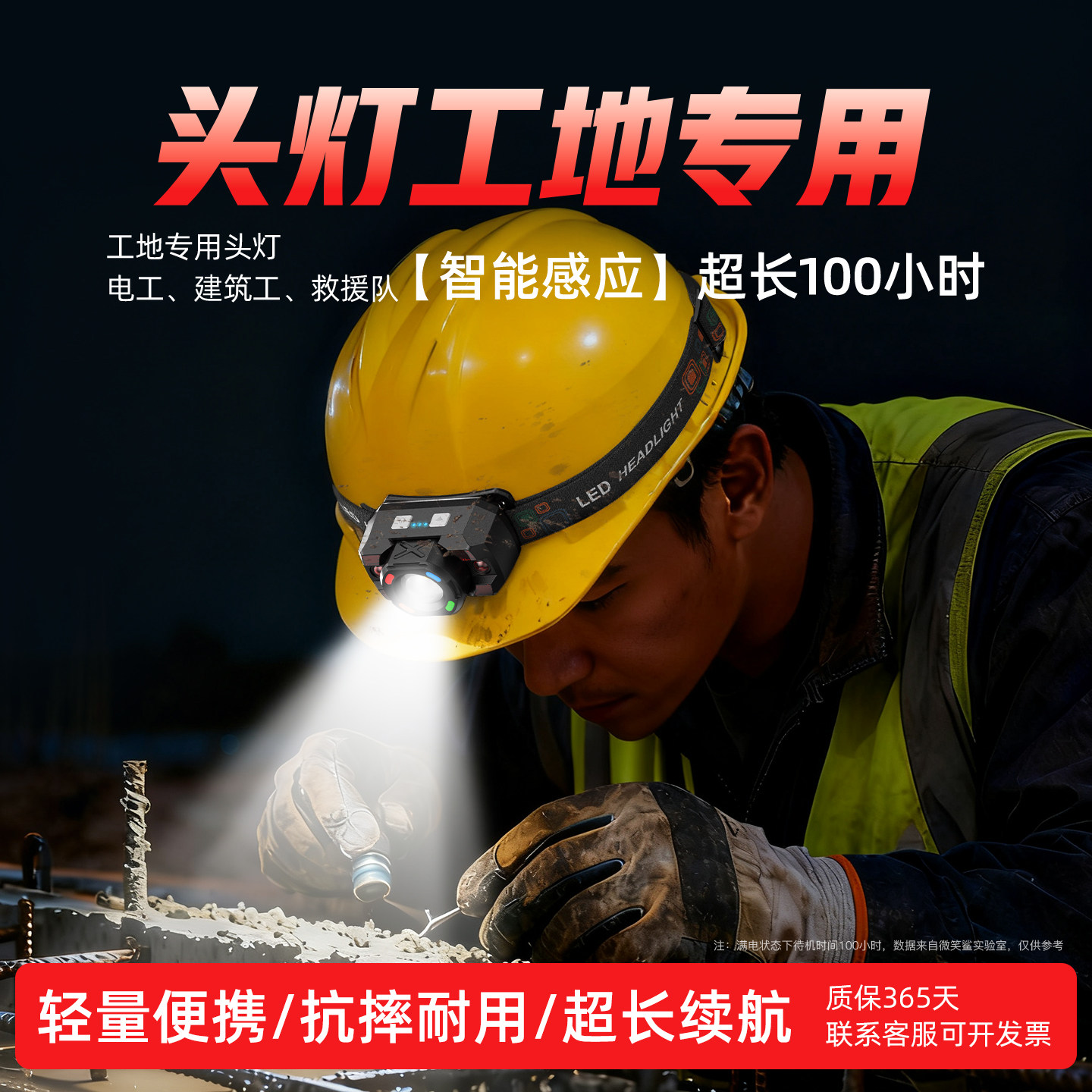 安全帽头灯工地专用头戴式强光充电感应超长续航户外耐用工作泛光