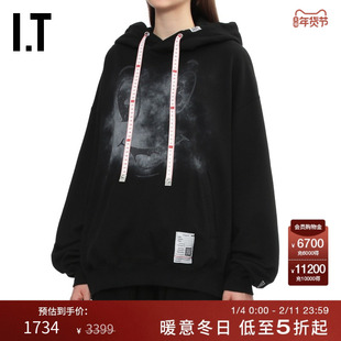 IT Mihara Yasuhiro女装连帽卫衣新款复古趣味做旧印花宽松连帽衫