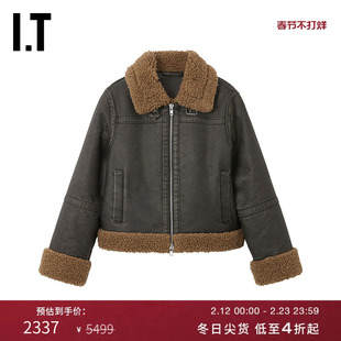 IT STAND STUDIO女装仿皮毛一体夹克新款酷感时髦皮革感拉链外套