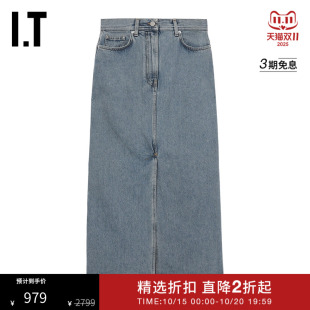 中长牛仔半身裙新款 Studio女装 合身开叉直筒裙RONLUEAM LouLou