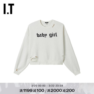 IT R13女装圆领破洞卫衣新款时尚休闲字母装饰套头短上衣R1335BXQ