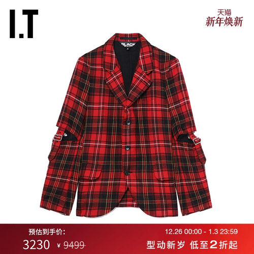 IT挖剪袖格纹西装夹克