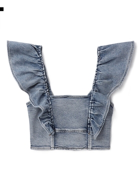 IT GANNI女装飞袖牛仔上衣新品甜美辣妹水洗磨白修身露脐衫12745