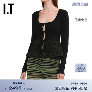 新款 罗纹针织开衫 GANNI女装 木耳边拼接系带上衣K25100XP 修身
