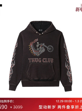 IT THUG CLUB男装做旧连帽卫衣新款暗黑潮男火焰图案印花连帽衫