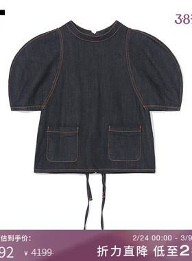 IT SJYP女装牛仔上衣新品时髦个性后背系带设计泡泡袖上衣039XI