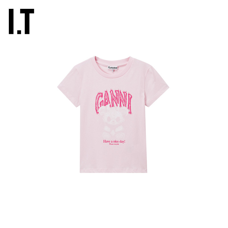 IT GANNI女装合身短袖T恤新款青春时尚小熊图案印花上衣A10186XR