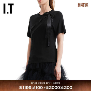 T恤新款 纯色短袖 Rocha女装 蝴蝶结飘带缀饰上衣545371XQ Simone