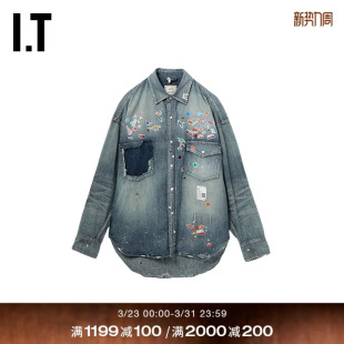 Mihara 贴纸图案装 Yasuhiro男装 新款 饰磨白上衣 宽松牛仔衬衫